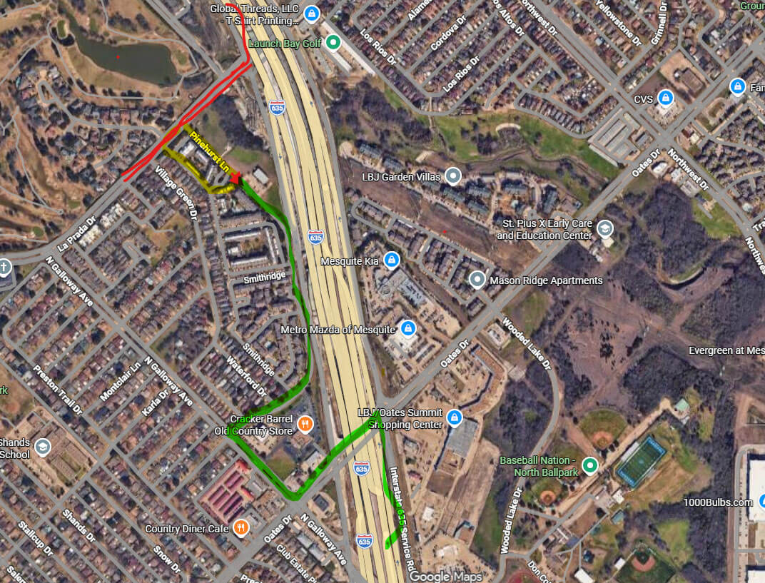 Detailed map highlighting alternate access route in green and blocked road in red near the community entrance.